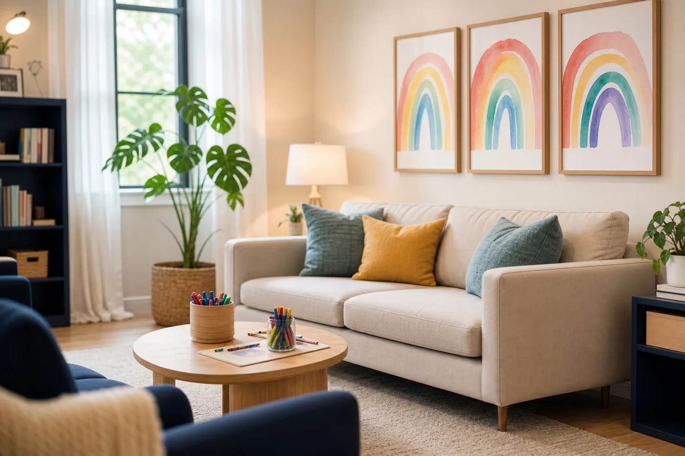 A calm, sunlit therapy room with art supplies on the table