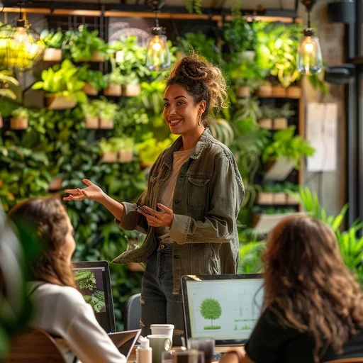 A woman in an olive denim jacket standing beside a table, smiling and gesturing with one hand as she talks with two seated colleagues, with a wall of potted plants and hanging pendant lights behind her.