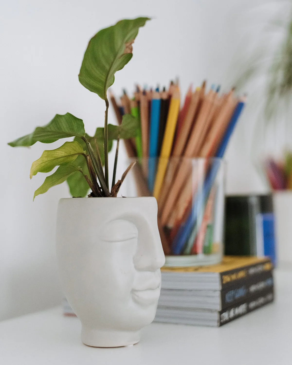 A white ceramic planter shaped like a calm face with closed eyes, holding a small green plant, beside a glass jar of coloured pencils and a small stack of books.