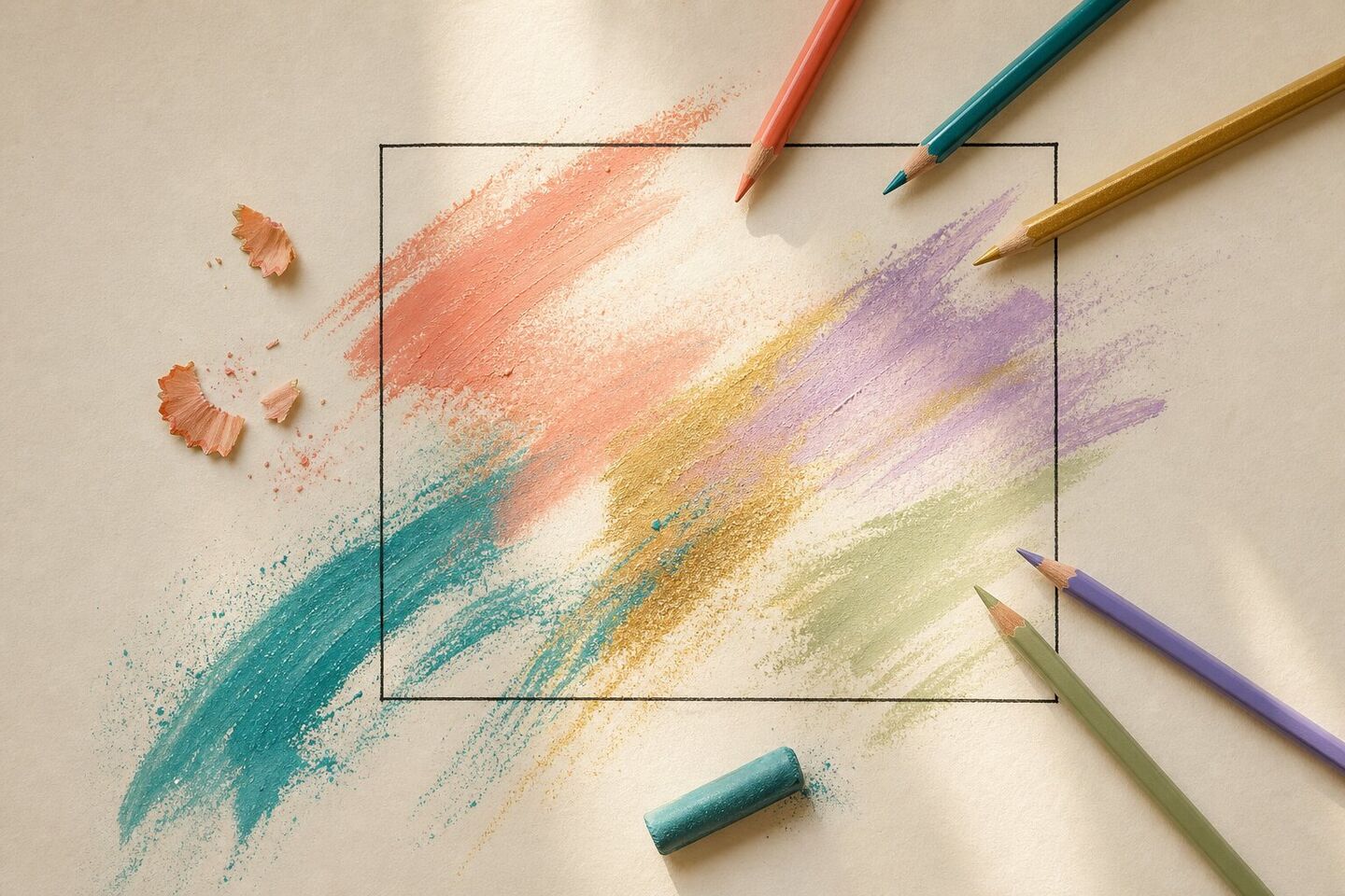 A hand-drawn square on cream paper, with coral, teal, gold and lavender pencil strokes sweeping boldly past its edges.