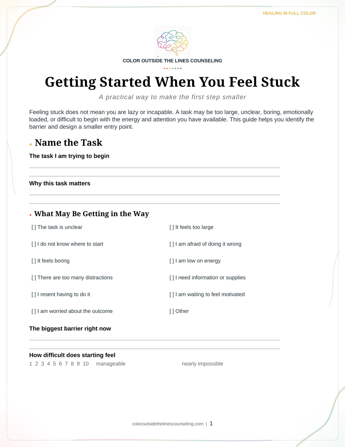 Page one of the Getting Started When You Feel Stuck worksheet, showing the practice name, the title, and the first sections with space to write.