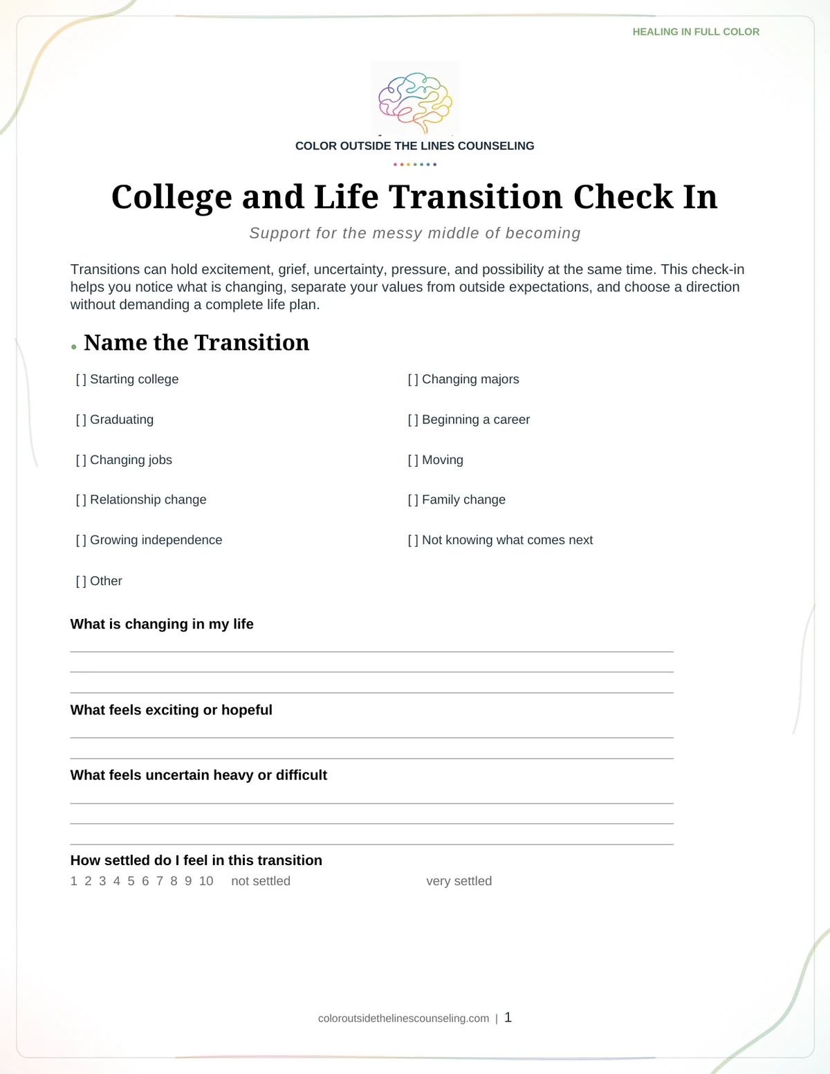 Page one of the College and Life Transition Check-In worksheet, showing the practice name, the title, and the first sections with space to write.