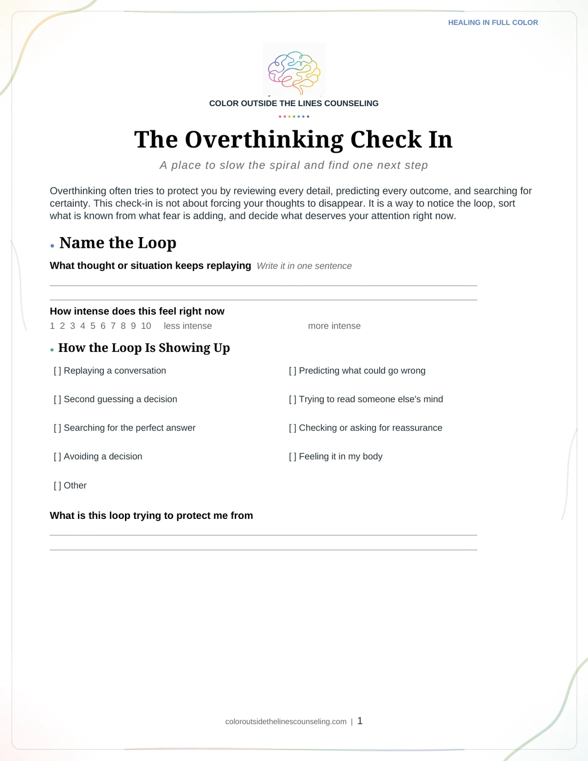 Page one of the The Overthinking Check-In worksheet, showing the practice name, the title, and the first sections with space to write.