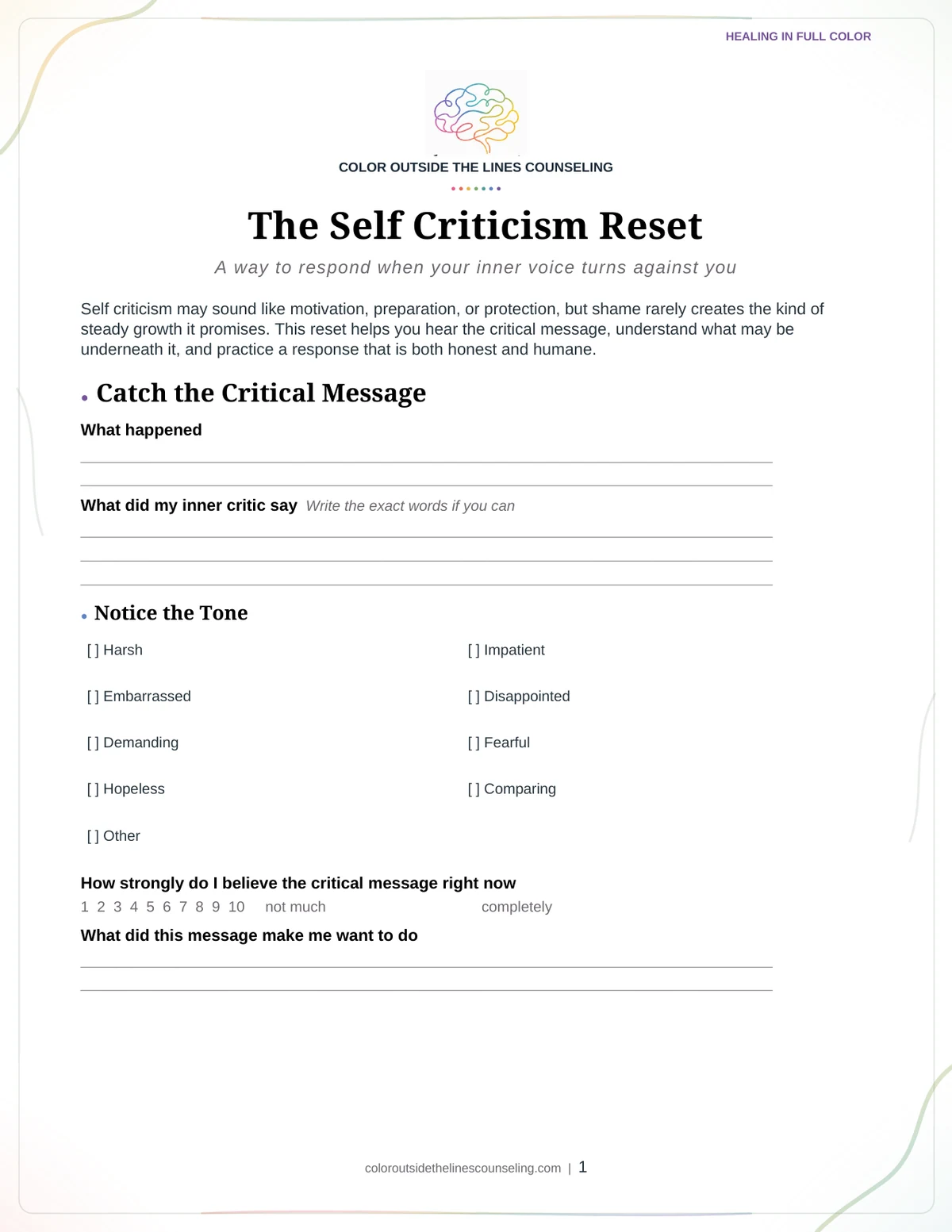 Page one of the The Self-Criticism Reset worksheet, showing the practice name, the title, and the first sections with space to write.